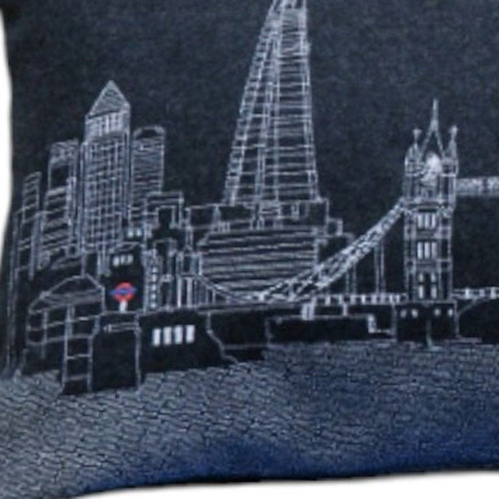 14" X 45" Dark Gray And White London Nighttime Skyline Lumbar Decorative Pillow