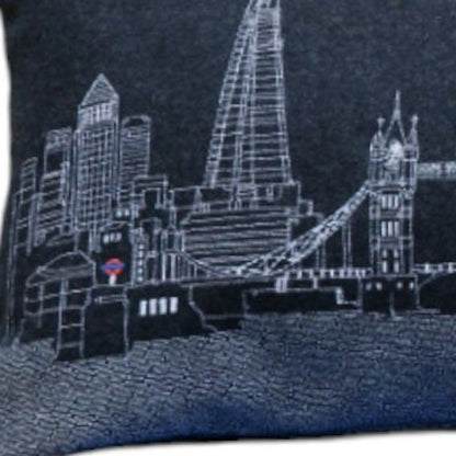 14" X 45" Dark Gray And White London Nighttime Skyline Lumbar Decorative Pillow