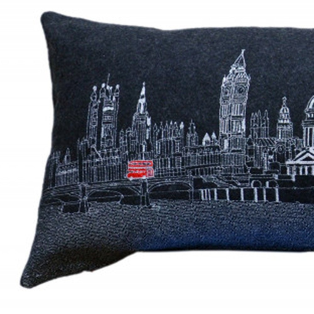 14" X 45" Black Gray and White London Hometown Pride Wool Lumbar Throw Pillow