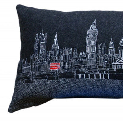 14" X 45" Black Gray and White London Hometown Pride Wool Lumbar Throw Pillow