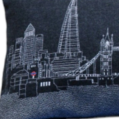 14" X 45" Dark Gray And White London Nighttime Skyline Lumbar Decorative Pillow
