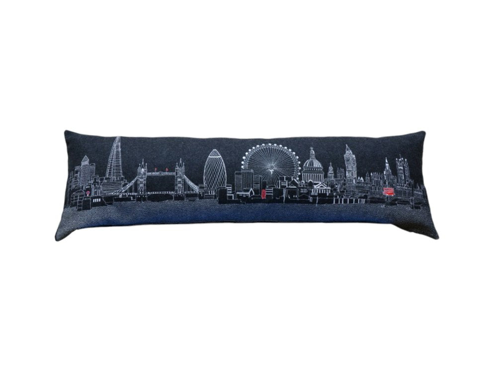 14" X 45" Dark Gray And White London Nighttime Skyline Lumbar Decorative Pillow