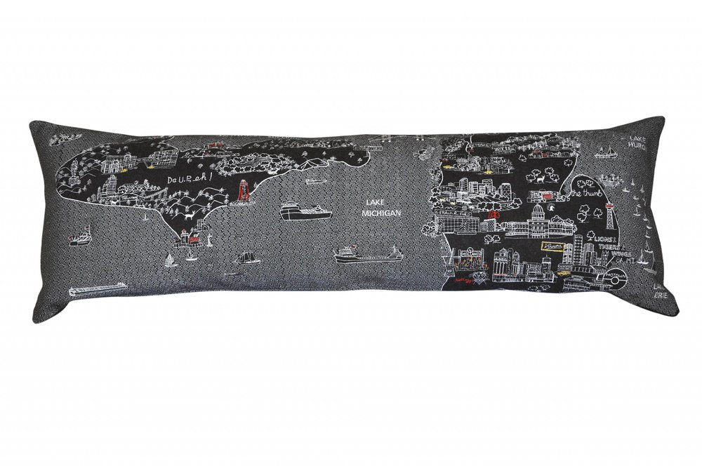 14" X 46" Dark Gray And White Michigan Nighttime Skyline Lumbar Decorative Pillow