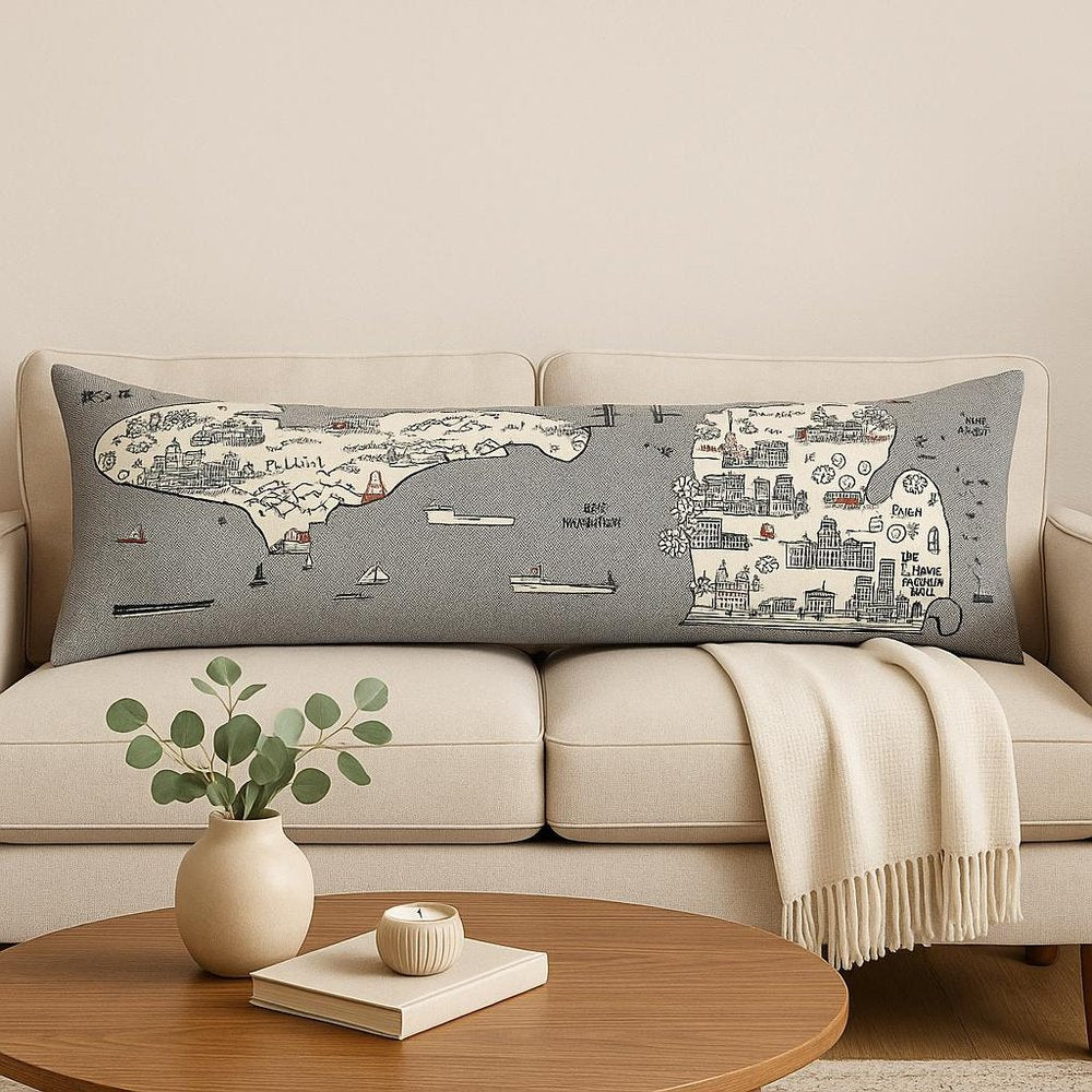 14" X 46" Cream Michigan Daylight Skyline Lumbar Decorative Pillow