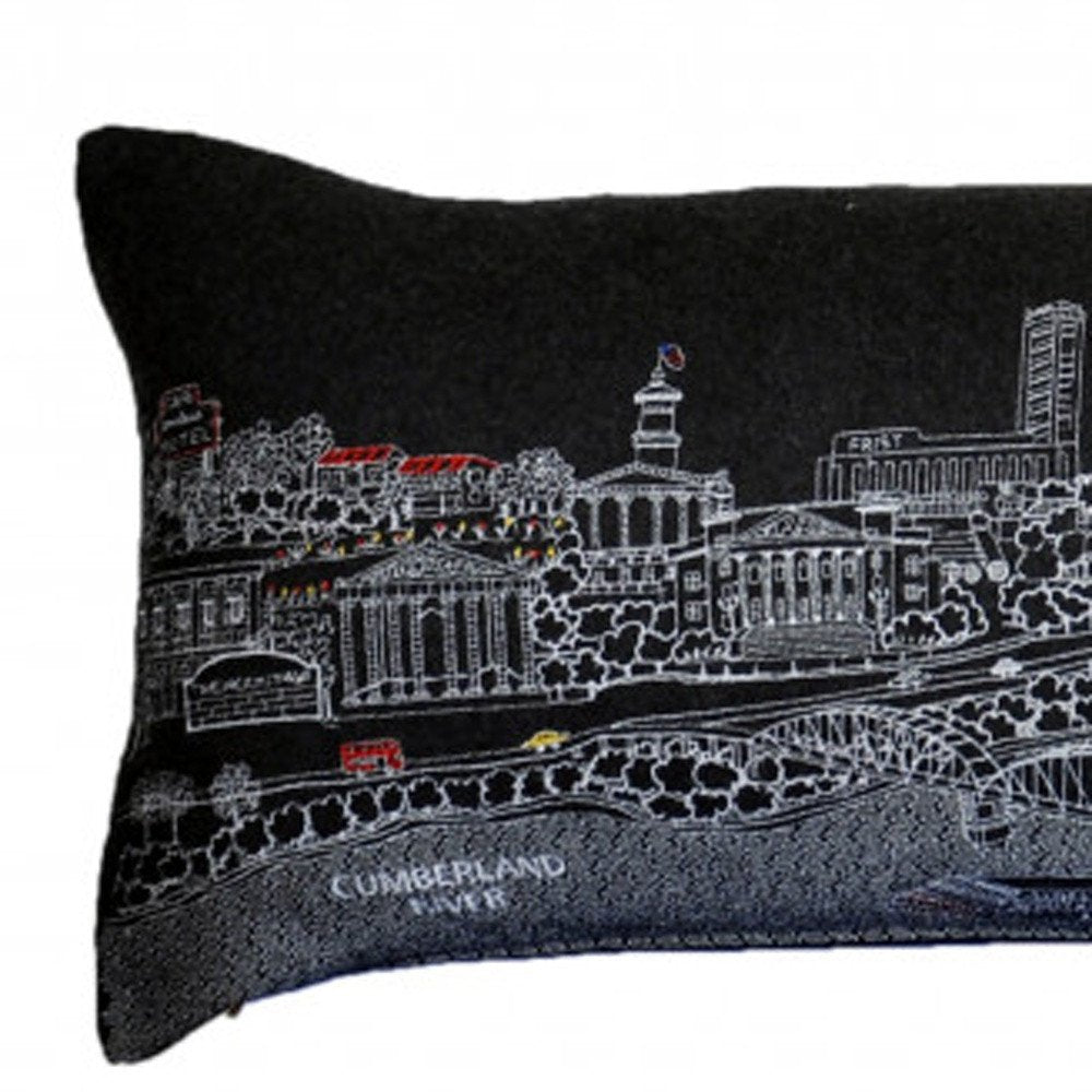 14" X 46" Dark Gray And White Nashville Nighttime Skyline Lumbar Decorative Pillow