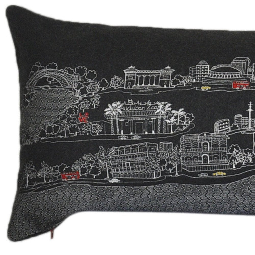 14" X 46" Dark Gray And White New Orleans Nighttime Skyline Lumbar Decorative Pillow