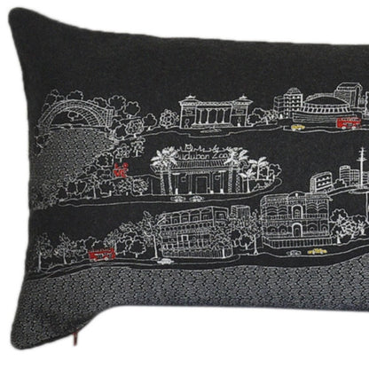 14" X 46" Dark Gray And White New Orleans Nighttime Skyline Lumbar Decorative Pillow
