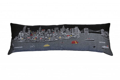 14" X 46" Dark Gray And White NYC Nighttime Skyline Lumbar Decorative Pillow