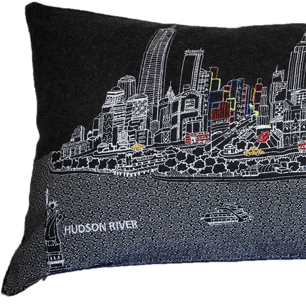 14" X 46" Dark Gray And White NYC Nighttime Skyline Lumbar Decorative Pillow
