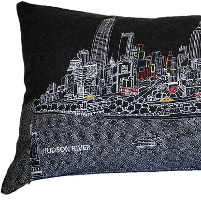 14" X 46" Dark Gray And White NYC Nighttime Skyline Lumbar Decorative Pillow