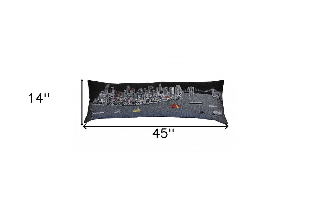 14" X 46" Dark Gray And White NYC Nighttime Skyline Lumbar Decorative Pillow