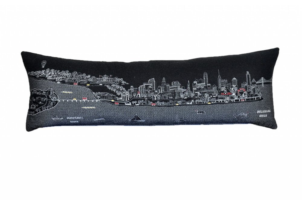 14" X 46" Dark Gray And White Philadelphia Nighttime Skyline Lumbar Decorative Pillow