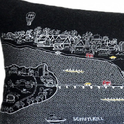 14" X 46" Dark Gray And White Philadelphia Nighttime Skyline Lumbar Decorative Pillow
