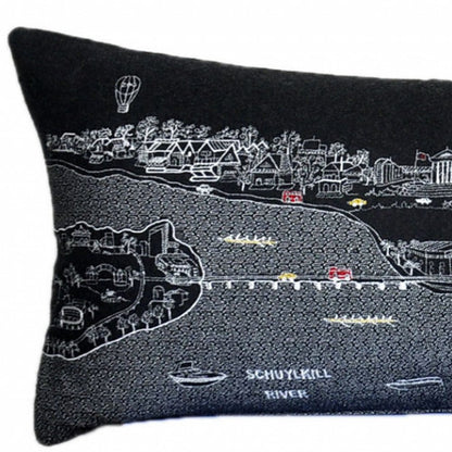 14" X 46" Dark Gray And White Philadelphia Nighttime Skyline Lumbar Decorative Pillow