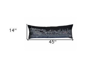 14" X 46" Dark Gray And White Philadelphia Nighttime Skyline Lumbar Decorative Pillow