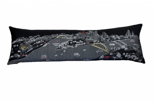 14" X 46" Dark Gray And White Pittsburgh Nighttime Skyline Lumbar Decorative Pillow