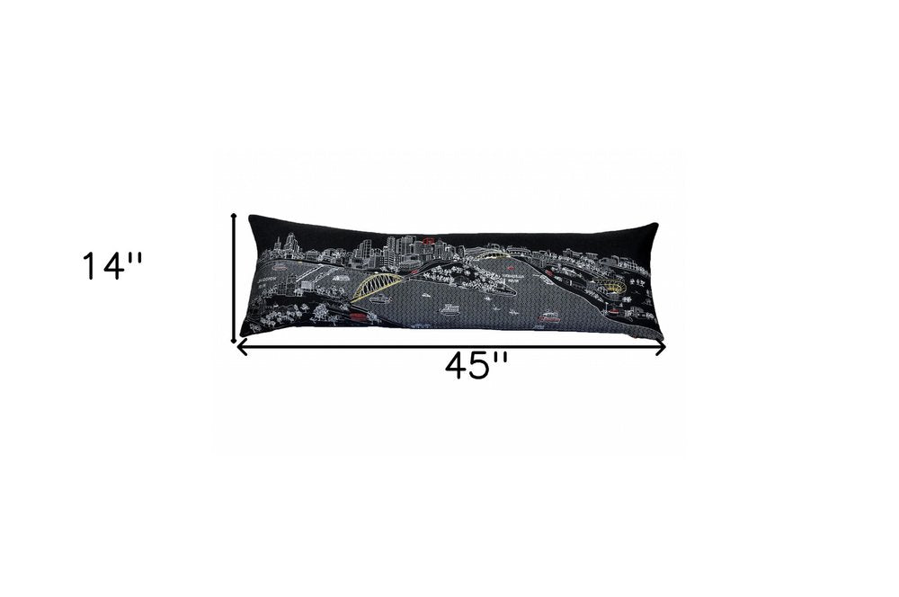 14" X 46" Dark Gray And White Pittsburgh Nighttime Skyline Lumbar Decorative Pillow