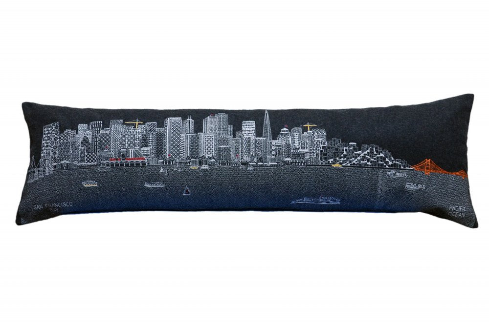 14" X 46" Dark Gray And White San Francisco Nighttime Skyline Lumbar Decorative Pillow