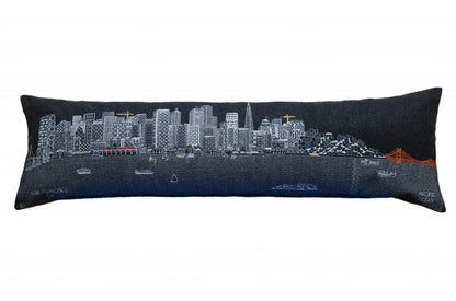 14" X 46" Dark Gray And White San Francisco Nighttime Skyline Lumbar Decorative Pillow