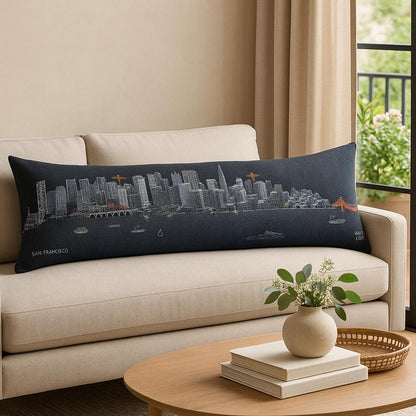 14" X 46" Dark Gray And White San Francisco Nighttime Skyline Lumbar Decorative Pillow