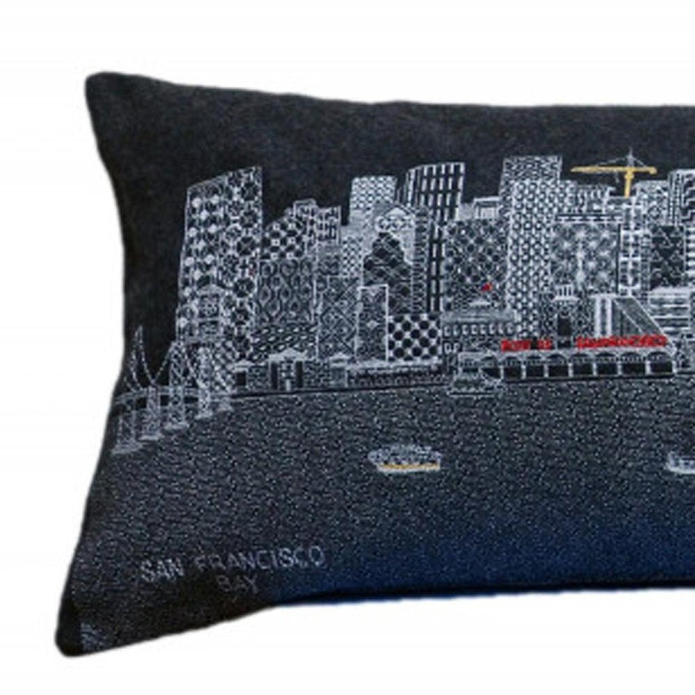 14" X 46" Dark Gray And White San Francisco Nighttime Skyline Lumbar Decorative Pillow