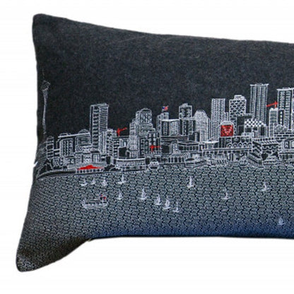 14" X 46" Dark Gray And White Seattle Nighttime Skyline Lumbar Decorative Pillow