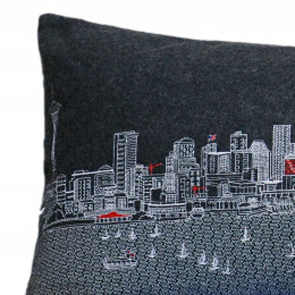 14" X 46" Dark Gray And White Seattle Nighttime Skyline Lumbar Decorative Pillow