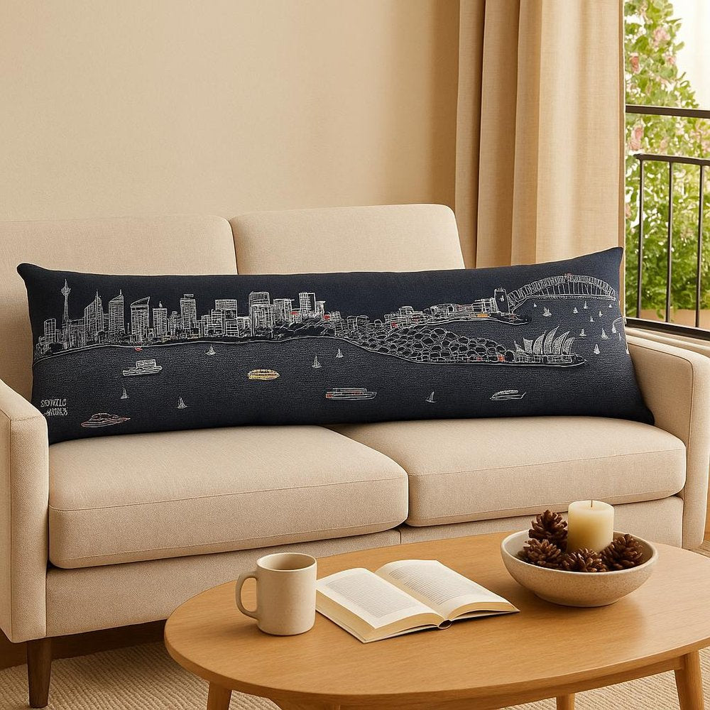 14" X 46" Dark Gray And White Sydney Nighttime Skyline Lumbar Decorative Pillow