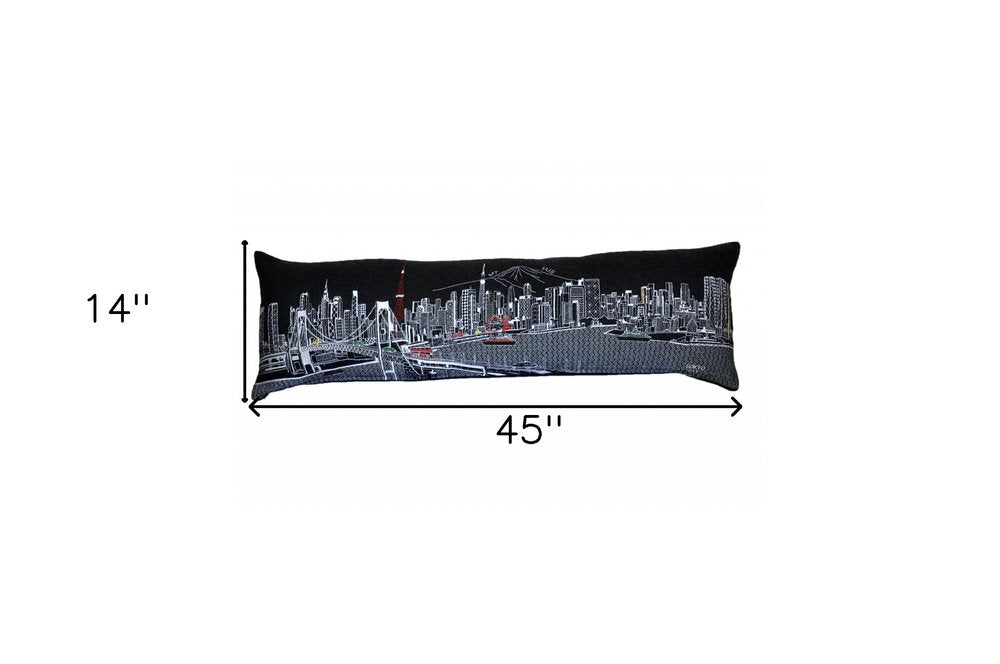 14" X 46" Dark Gray And White Tokyo Nighttime Skyline Lumbar Decorative Pillow