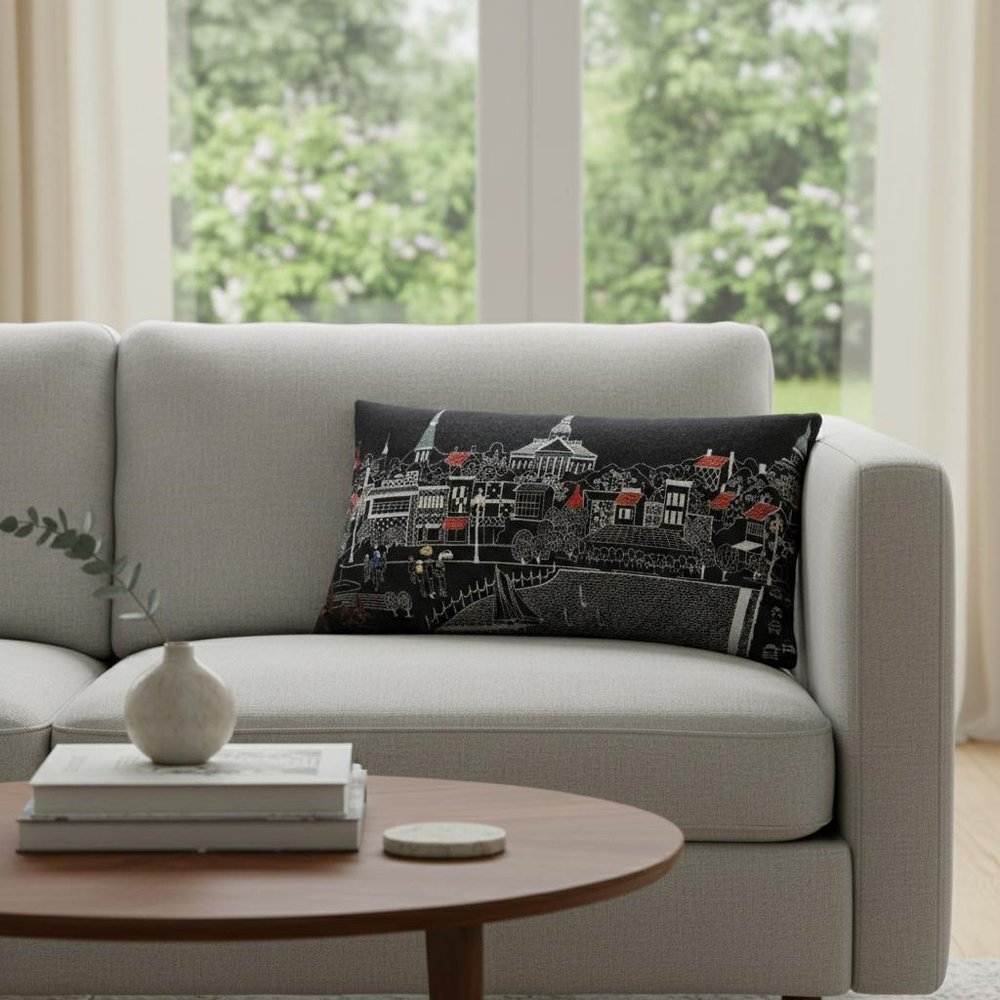 14" X 24" Dark Gray And White Annapolis Nighttime Skyline Lumbar Decorative Pillow