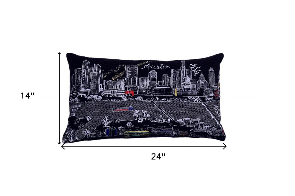 14" X 24" Dark Gray And White Austin Nighttime Skyline Lumbar Decorative Pillow
