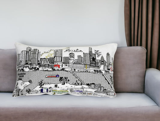 25" White Atlanta Daylight Skyline Lumbar Decorative Pillow