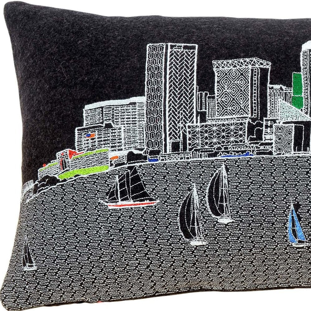 14" X 24" Dark Gray And White Baltimore Nighttime Skyline Lumbar Decorative Pillow