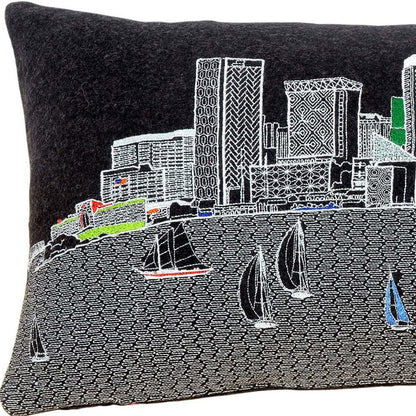14" X 24" Dark Gray And White Baltimore Nighttime Skyline Lumbar Decorative Pillow