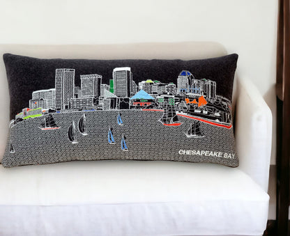 25" Black Austin Nighttime Skyline Lumbar Decorative Pillow