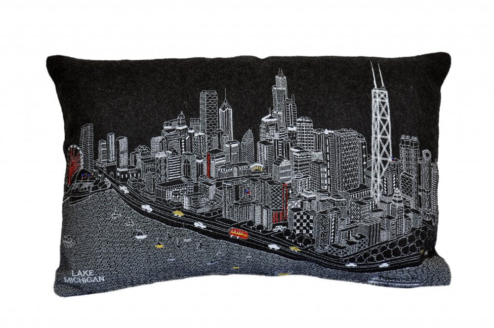 14" X 24" Dark Gray And White Chicago Nighttime Skyline Lumbar Decorative Pillow