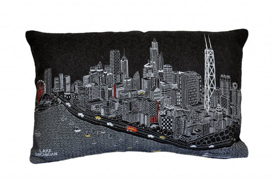 14" X 24" Dark Gray And White Chicago Nighttime Skyline Lumbar Decorative Pillow