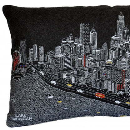 14" X 24" Dark Gray And White Chicago Nighttime Skyline Lumbar Decorative Pillow