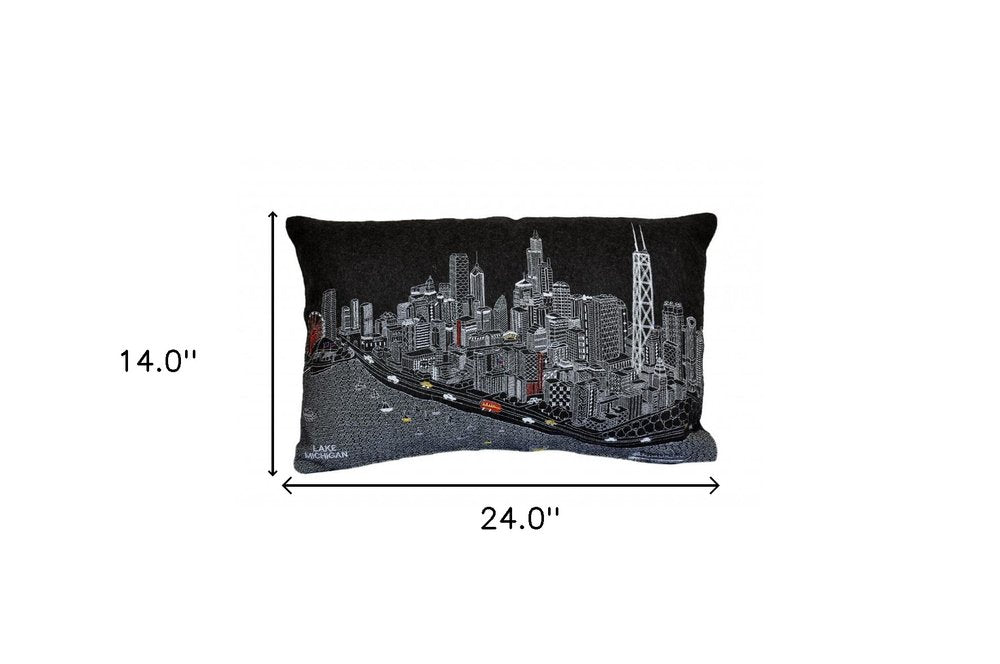 14" X 24" Dark Gray And White Chicago Nighttime Skyline Lumbar Decorative Pillow