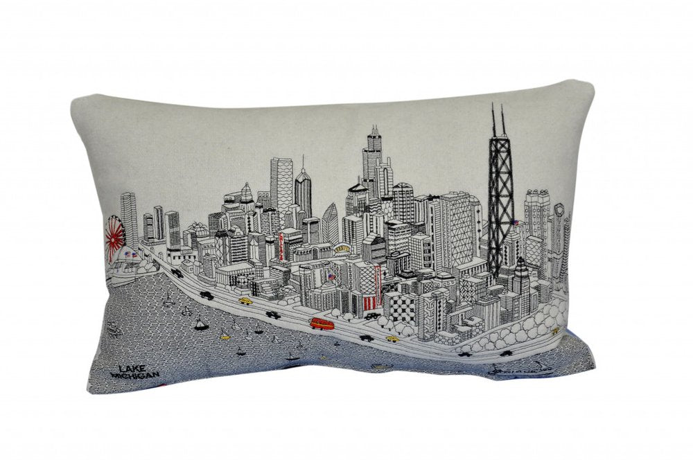 14" X 24" Cream Chicago Daylight Skyline Lumbar Decorative Pillow
