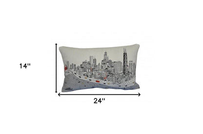 14" X 24" Cream Chicago Daylight Skyline Lumbar Decorative Pillow