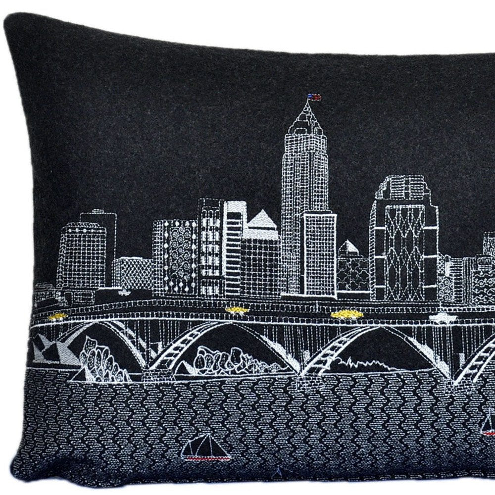 14" X 24" Dark Gray And White Cleveland Nighttime Skyline Lumbar Decorative Pillow