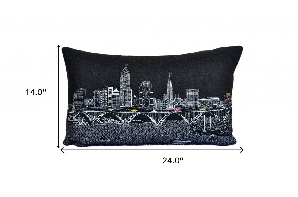 14" X 24" Dark Gray And White Cleveland Nighttime Skyline Lumbar Decorative Pillow