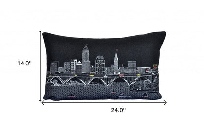 14" X 24" Dark Gray And White Cleveland Nighttime Skyline Lumbar Decorative Pillow
