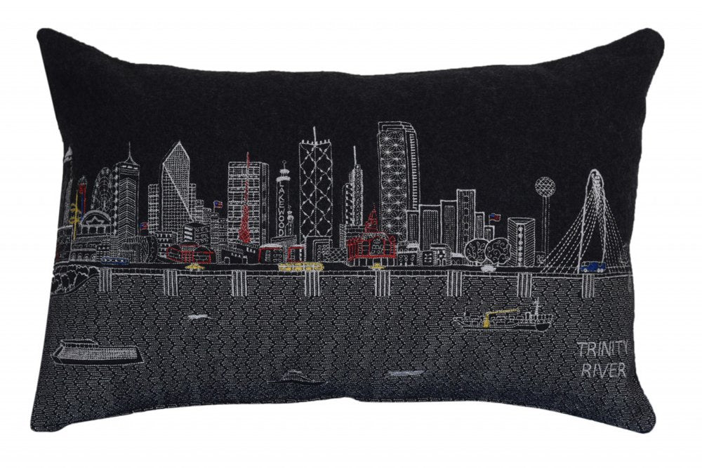 14" X 24" Dark Gray And White Dallas Nighttime Skyline Lumbar Decorative Pillow