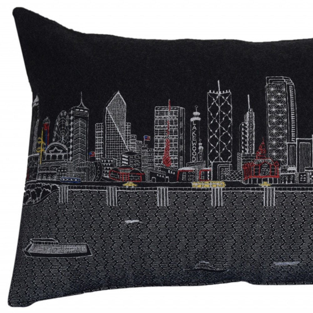 14" X 24" Dark Gray And White Dallas Nighttime Skyline Lumbar Decorative Pillow