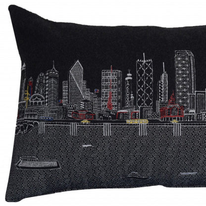 14" X 24" Dark Gray And White Dallas Nighttime Skyline Lumbar Decorative Pillow