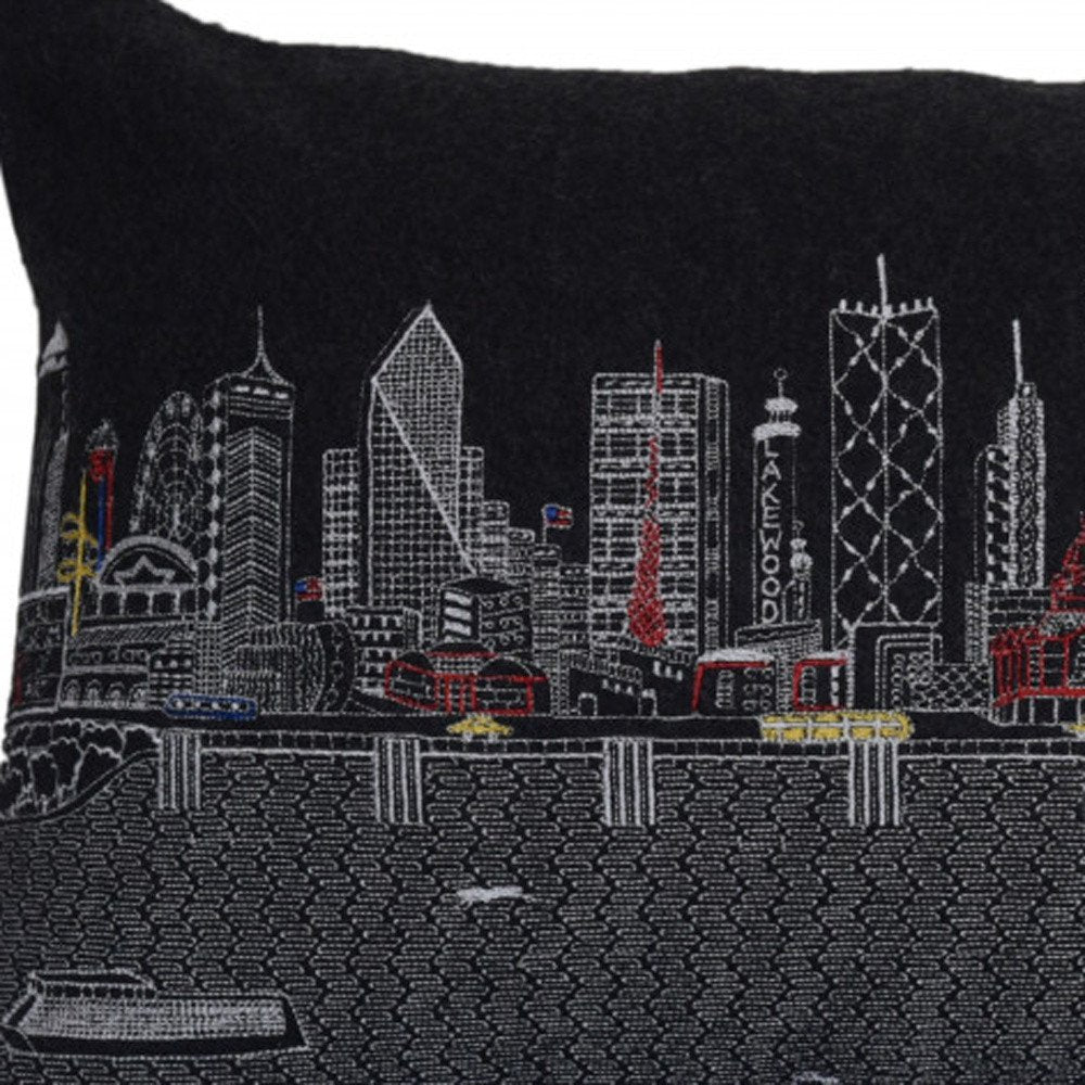 14" X 24" Dark Gray And White Dallas Nighttime Skyline Lumbar Decorative Pillow