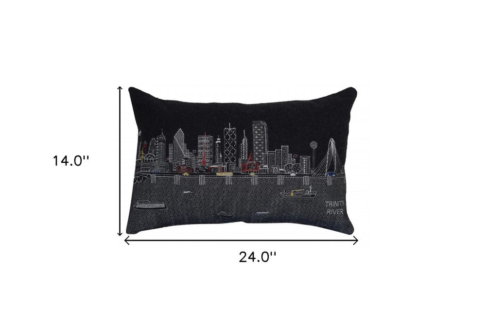 14" X 24" Dark Gray And White Dallas Nighttime Skyline Lumbar Decorative Pillow