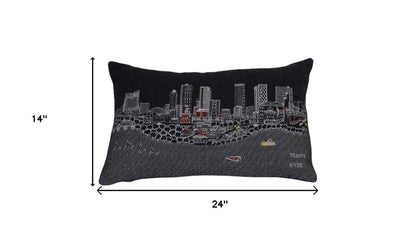 14" X 24" Black And White Lumbar Fort Worth Hometown Pride Wool Throw Pillow with Embroidery